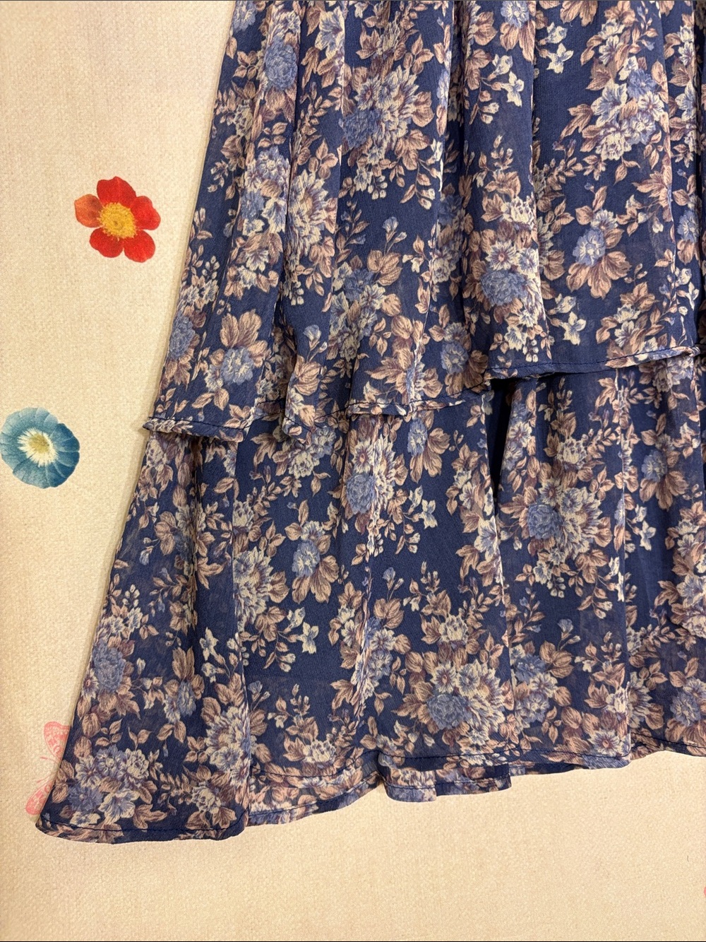 Francesca's Collections - Navy Floral Tiered Mini Dress with Puff Sleeves - Picture 6 of 12